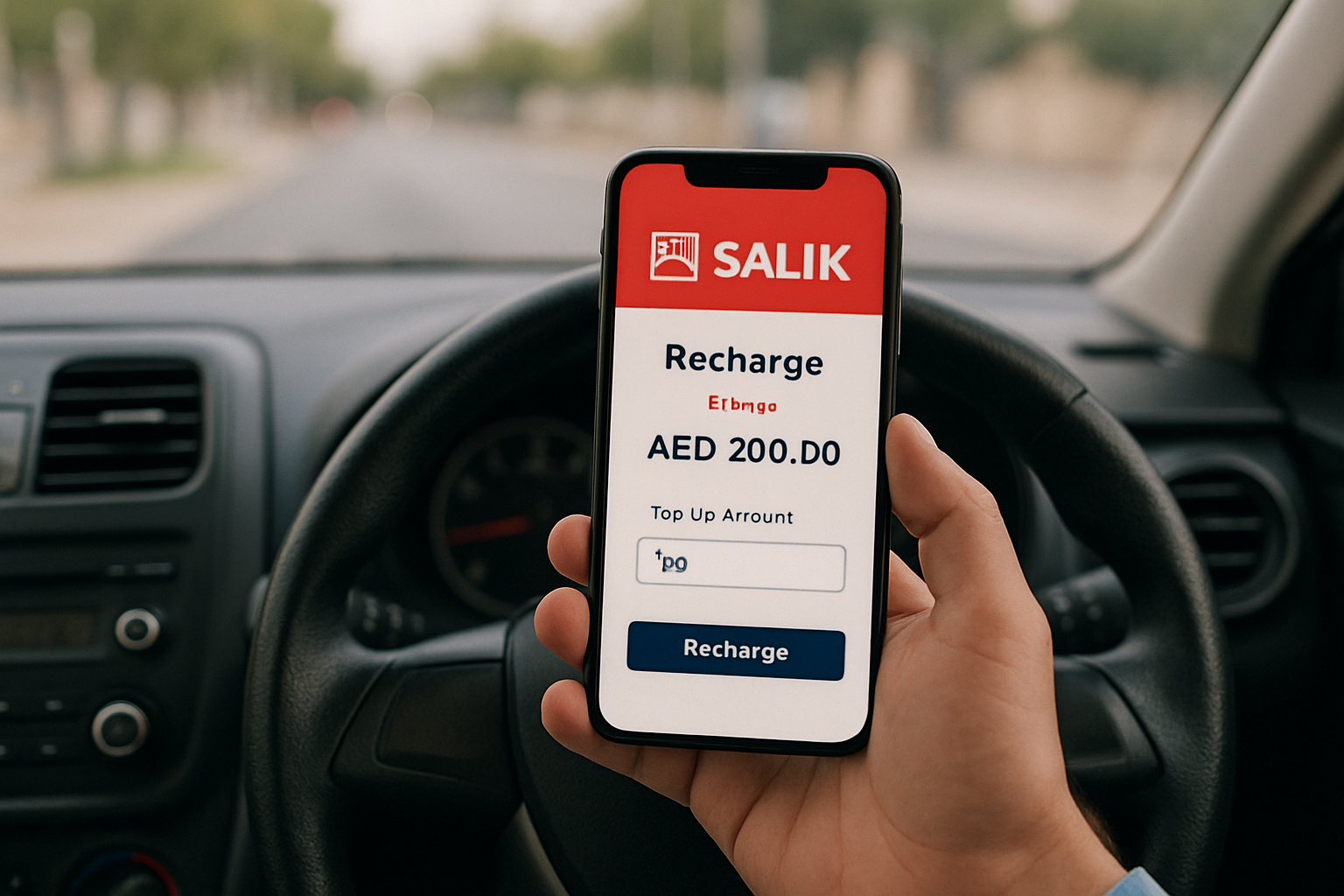 Driver using a mobile app to recharge Salik balance