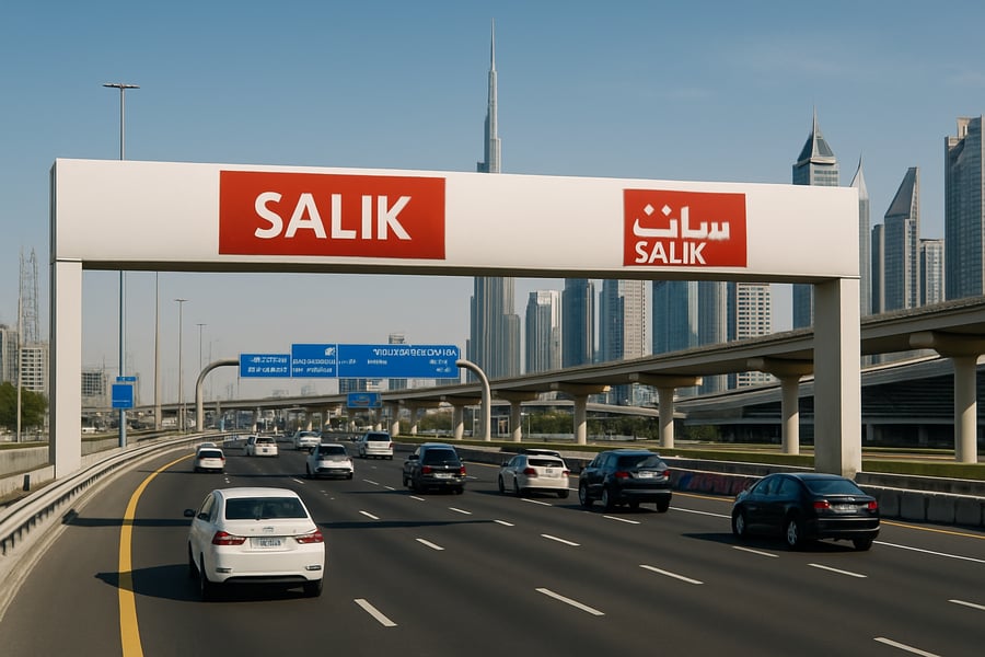 Dubai highway with Salik toll gate Dubai highway with Salik toll gate