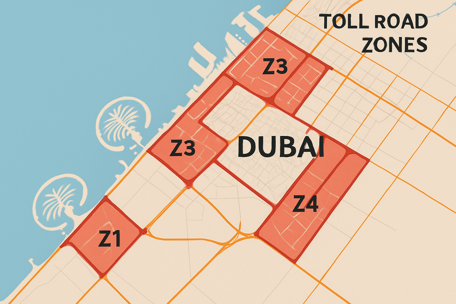 Map of Dubai highlighting toll road zones