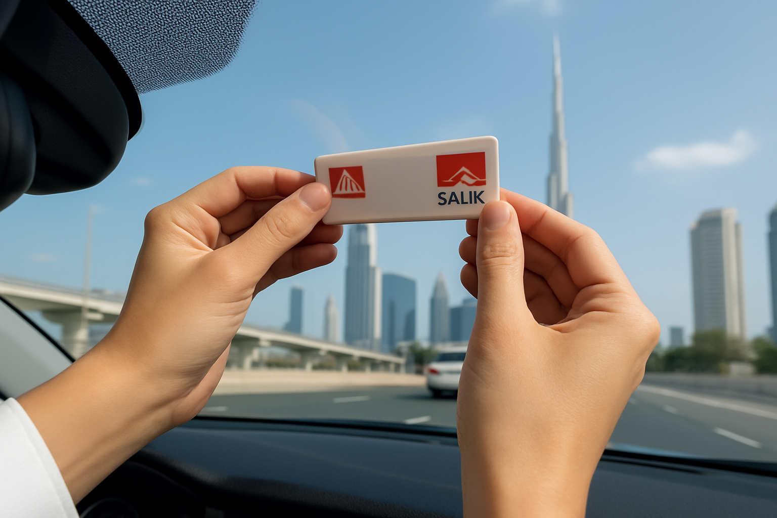 Salik tag installation on a car windshield in Dubai